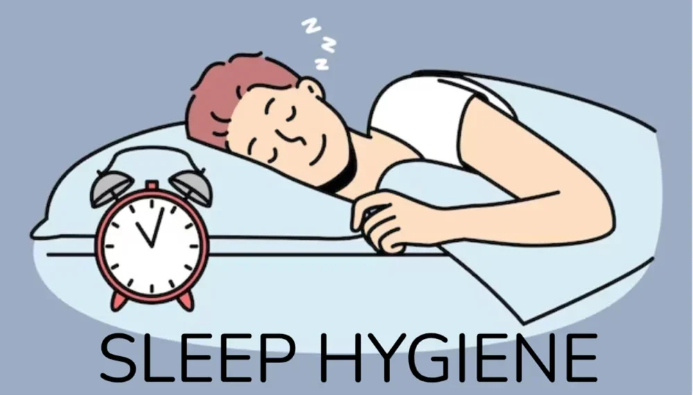 Cartoon Man sleeping next to an alarm clock with the title Sleep Hygiene